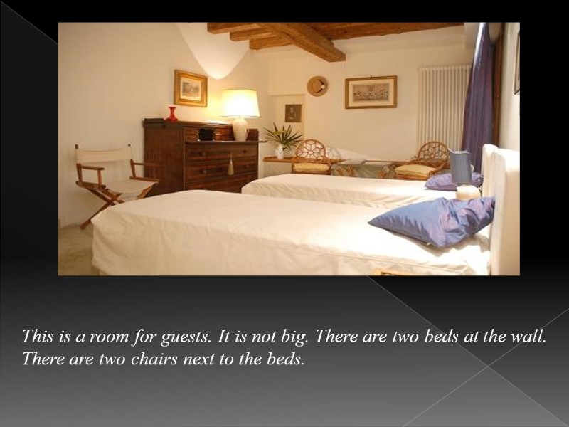 This is a room for guests. It is not big. There are two beds